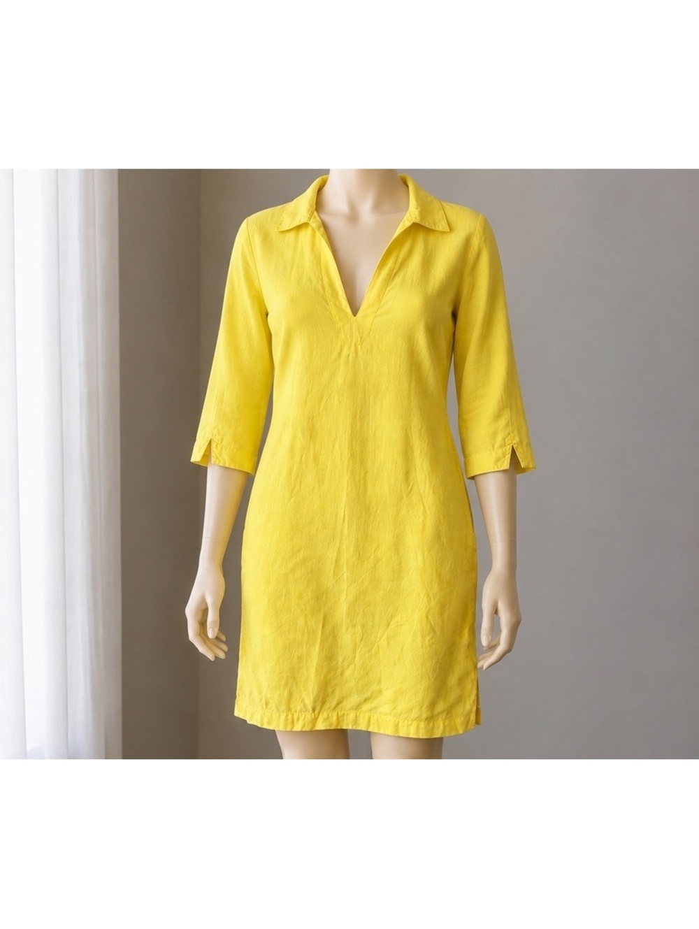 Cynthia Rowley Women’s Linen Dress Size 8 Yellow Long Sleeve V Neck Pockets